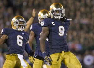 Notre Dameu2019s Jaylon Smith (9) celebrates a sack during the Notre Dame-Texas NCAA college football game on Saturday, Sept. 5, 2015, at Notre Dame Stadium in South Bend. SBT Photo/ROBERT FRANKLIN