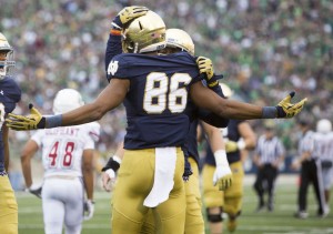 Notre Dame's Josh Equanimeous St. Brown celebrates a touchdown during the Fighting Irish's game against the University of Massachusetts. (SBT Photo/ Becky Malewitz)
