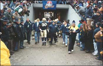 Defensive star Devon McDonald takes the field before the Penn State game. (Ed Andrews Collection)