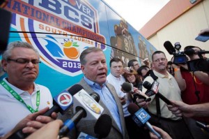 Notre Dame head coach Brian Kelly addresses the media prior to Monday night's national title game. Photo: Alan Diaz/AP