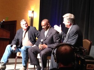 Robin Weber (right) and Tim Brown (middle) relive their playing days with Jack Nolan (right)