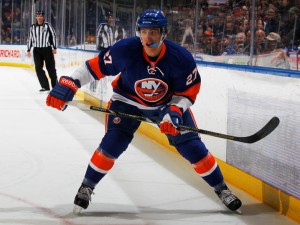 Anders Lee does the mouth-piece thing! (Mike Stobe)