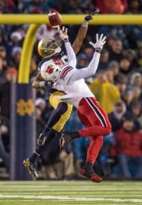 Notre Dame  cornerback Cole Luke (36) breaks up a pass intended for Louisville wide receiver DeVante Parker (9) in the second quarter. Credit: USA Today