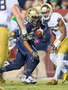 Nov 1, 2014; Navy Midshipmen running back Geoffrey Whiteside (29) runs for a touchdown in front of Notre Dame Fighting Irish cornerback Cole Luke (36) in the third quarter at FedEx Field. Mandatory Credit: Matt Cashore-USA TODAY Sports