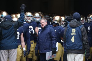 Notre Dame Fighting Irish coach Brian Kelly leads the team onto the filed before the against the Northwestern at Notre Dame Stadium. (Brian Spurlock-USA TODAY Sports)