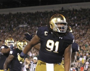 SAM HOUSEHOLDER | THE GOSHEN NEWS Notre Dame defensive end Sheldon Day celebrates a sack during the game Sept. 5 against Texas. The Fighting Irish beat the Longhorns 38-3.