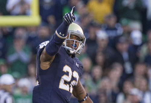 Notre Dame’s Elijah Shumate (22) points to the crowd as he runs off the field after making an interception during the Notre Dame-Navy football game on Saturday, Oct. 10, 2015. SBT Photo/ROBERT FRANKLIN