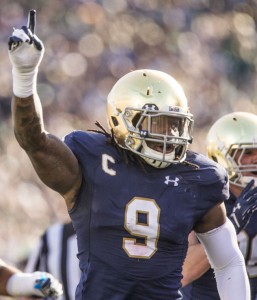 Notre Dame’s Jaylon Smith (9) celebrates after recovering a fumble during the Notre Dame-Navy football game on Saturday, Oct. 10, 2015. SBT Photo/ROBERT FRANKLIN
