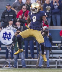 Notre Dame’s Jaylon Smith (9) celebrates a big stop in the Wake Forest red zone during the Notre Dame-Wake Forest game on Nov. 14, 2015. SBT Photo/ROBERT FRANKLIN