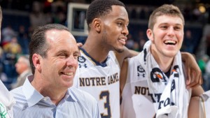 Dec 13, 2015; South Bend, IN, USA; Notre Dame Fighting Irish head coach Mike Brey smiles after Notre Dame defeated the Loyola Ramblers 81-61 at the Purcell Pavilion. Mandatory Credit: Matt Cashore-USA TODAY Sports