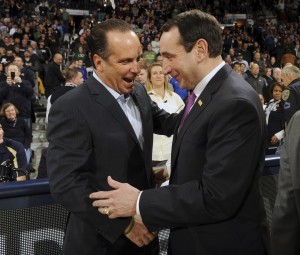 Notre Dame Mike Brey, left, and Duke coach Mike Krzyzewski chat. (AP Photo/Joe Raymond)