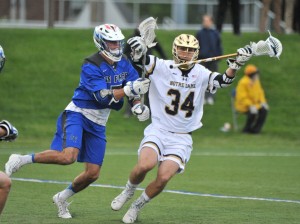 Notre Dame midfielder Trevor Bosco heads up field in the Air Force Notre Dame mens lacrosse match in the first round of the NCAA Tournament. (Credit: Joe Raymond)