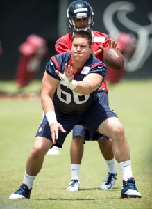 Houston Texans center Nick Martin (66) snaps the ball to quarterback Chuckie Keeton (6) during rookie mini camp at The Methodist Training Center on Saturday, May 7, 2016, in Houston. ( Brett Coomer / Houston Chronicle )