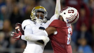 Stanford wide receiver Francis Owusu pins the ball against UCLA's Jaleel Wadood as he pulls in an amazing touchdown catch Oct. 15, 2015 in Palo Alto, California.