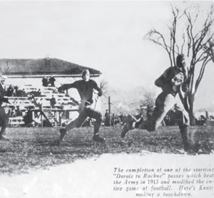 NYT caption: "Notre Dame's Knute Rockne, right, scoring on a reception against Army at West Point. Passing was a novelty then, and receivers planted themselves downfield, waiting behind the defense for the roundish ball to arrive."