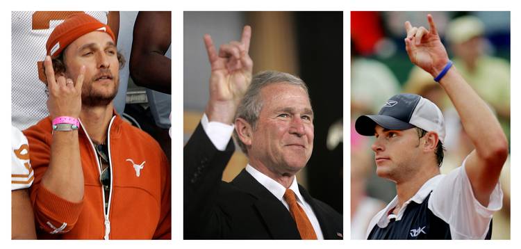 Actor Matthew McConaughey, President George W. Bush and tennis player Andy Roddick display the University of Texas Longhorns’ hook’em horns sign in this 2006 file photo. (AP Photos/ FILES)
