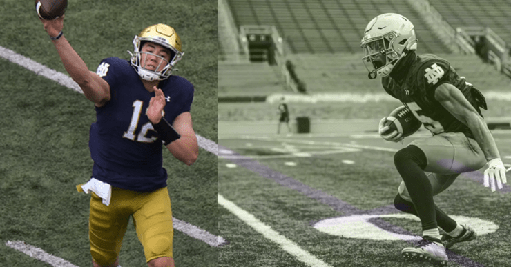 Tyler Buchner throws a pass in the 2021 Blue/Gold Game on the left. On the right, Jordan Johnson runs a drill.