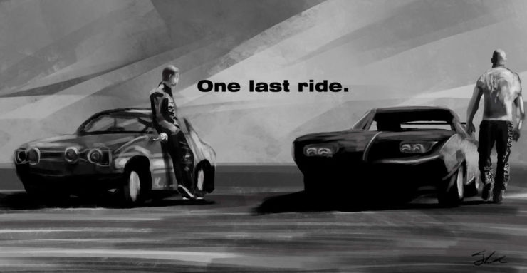 Sketch of Paul Walker and Vin Diesel next to cars taking one last ride--just like Her Loyal Sons' last season.